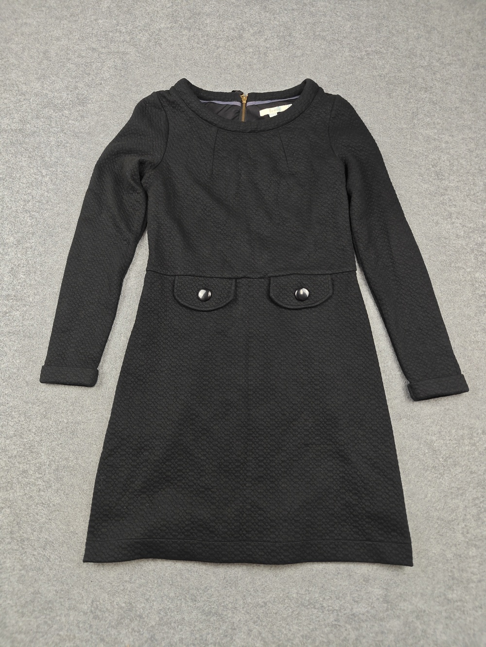 Boden Dress Womens 8 Black Fit & Flare Long Sleeve Knit Zip Back Pockets